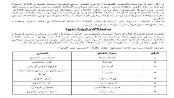 بلاغ : الدورة الخامسة والعشرون للمهرجان الوطني للفيلم بطنجة 17 – 25 أكتوبر 2025 – أفلام المهرجان